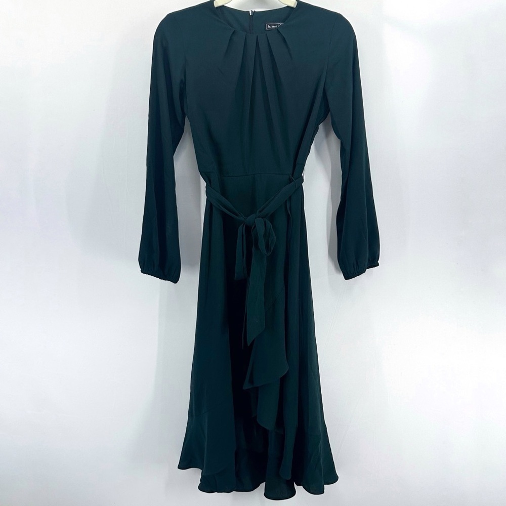 Jessica Howard Forest Green Belted Long Sleeve Ruffle Midi Dress Size 4 Petite